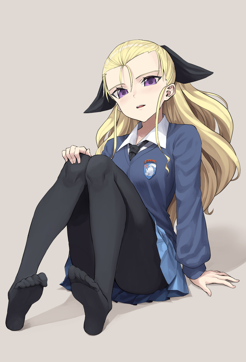 1girl, absurdres, assam_(girls_und_panzer), black_legwear, black_neckwear, black_ribbon, blonde_hair, blue_skirt