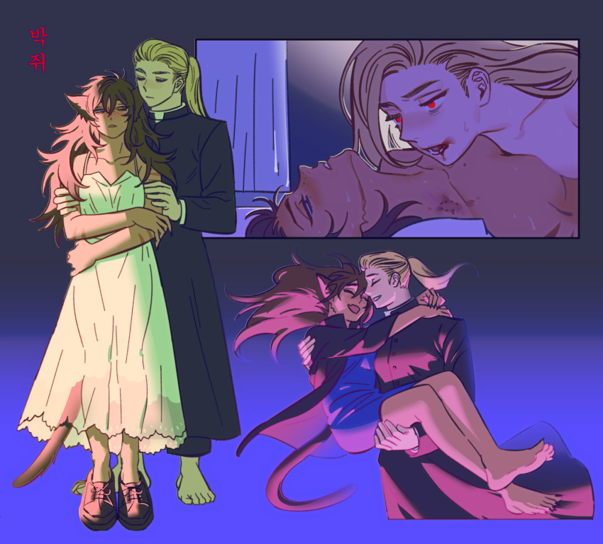 2girls, adora_(she-ra), alternate_universe, animal_ears, barefoot, bite_mark, blonde_hair, blood