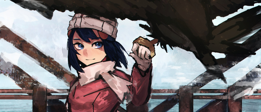 1girl, bangs, beanie, blue_eyes, blush, closed_mouth, coat, commentary
