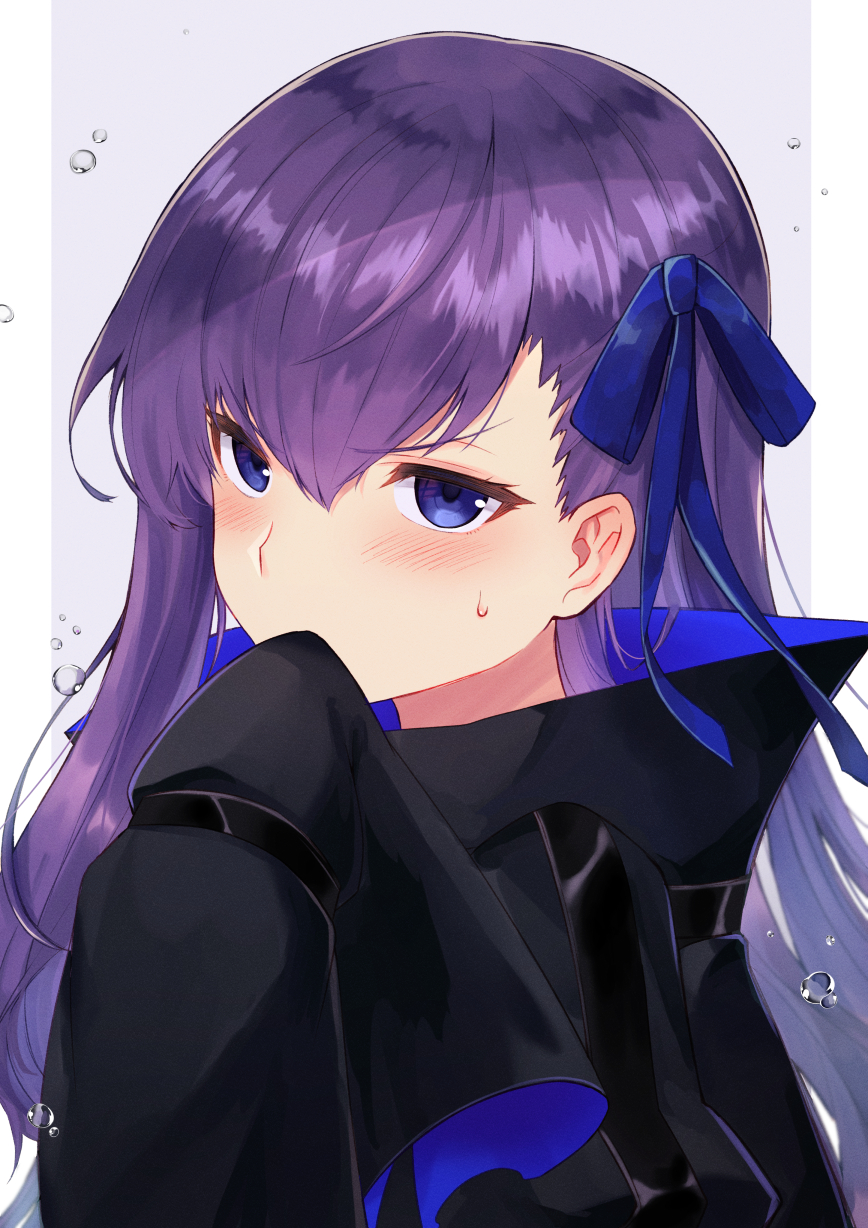 1girl, bangs, black_jacket, blue_eyes, blue_ribbon, blush, border, breasts