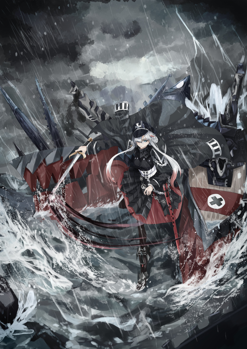 1girl, armored_skirt, azur_lane, black_coat, breastplate, clouds, cloudy_sky, coat