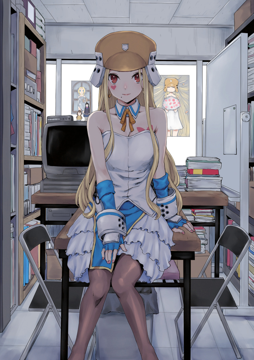 1girl, absurdres, armor, bare_shoulders, blonde_hair, book, bookshelf, brown_headwear