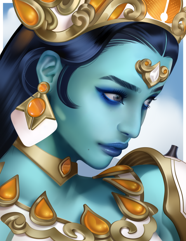 1girl, alternate_costume, alternate_skin_color, black_hair, blue_eyeshadow, blue_lipstick, close-up, earrings, eyelashes, eyeshadow, face, forehead_jewel, goddess, goddess_symmetra, green_skin, grey_eyes, headpiece, jewelry, lipstick, long_hair, makeup, mascara, mole, mole_under_mouth, mudra, nose, overwatch, portrait, queans, solo, straight_hair, symmetra_(overwatch), vitarka_mudra