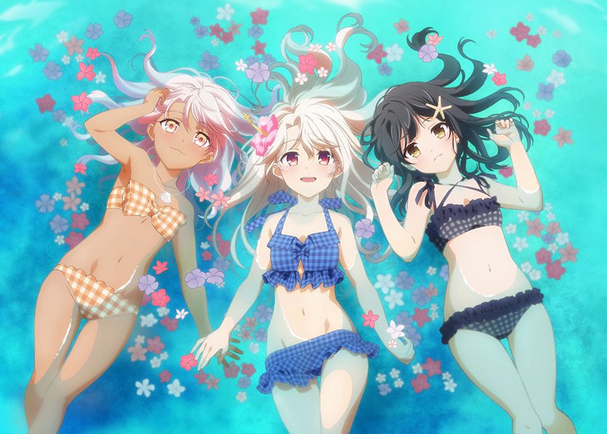3girls, artist_request, bikini, bikini_skirt, black_hair, black_swimsuit, blonde_hair, blue_swimsuit