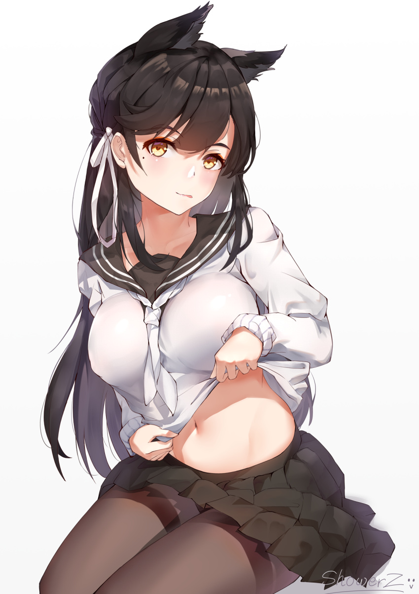 1girl, :q, animal_ears, artist_name, atago_(azur_lane), atago_(school_daydream)_(azur_lane), azur_lane, black_hair