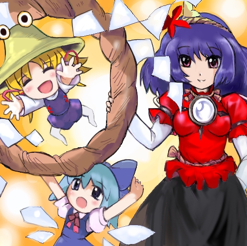 \o/, chibi, cirno, happy, hat, jumping, lowres, moriya_suwako