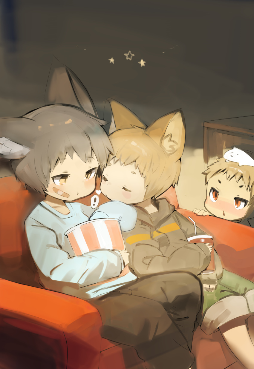 !, 3boys, :t, animal_ear_fluff, animal_ears, bandaid, blonde_hair, blush