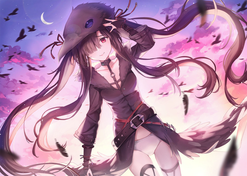 1girl, animal_hat, arm_up, backlighting, bangs, belt, bird, black_dress