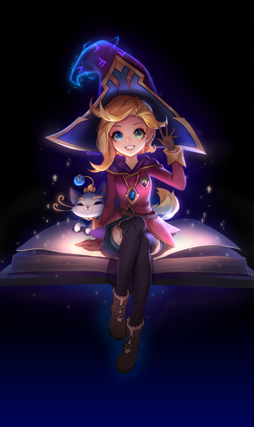 1girl, :d, alternate_costume, animal_ears, arcanist_zoe_(league_of_legends), arm_support, bangs, blonde_hair