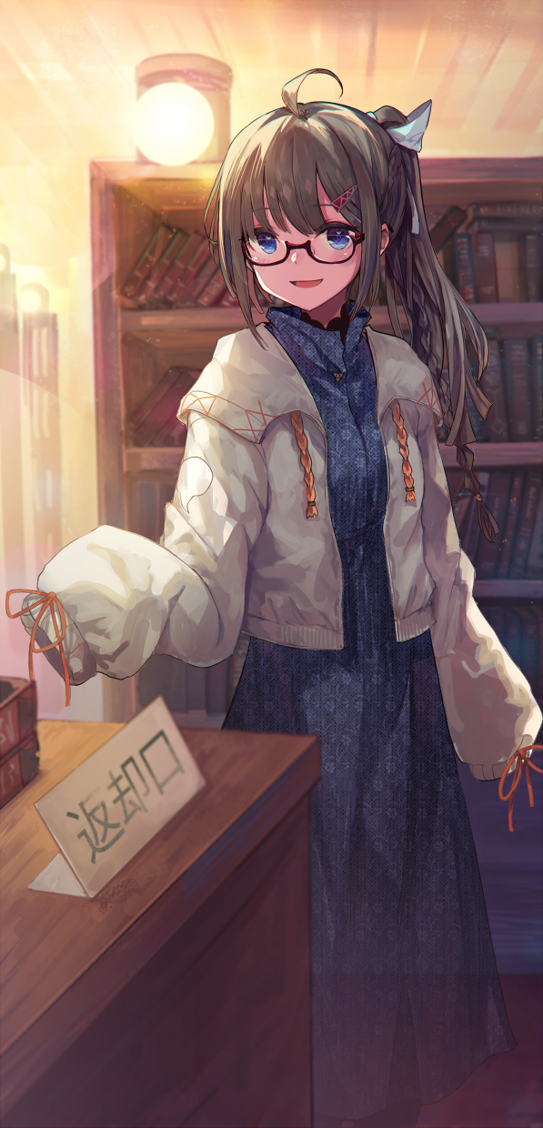 1girl, ahoge, bangs, black-framed_eyewear, black_hair, blue_dress, blue_eyes, book