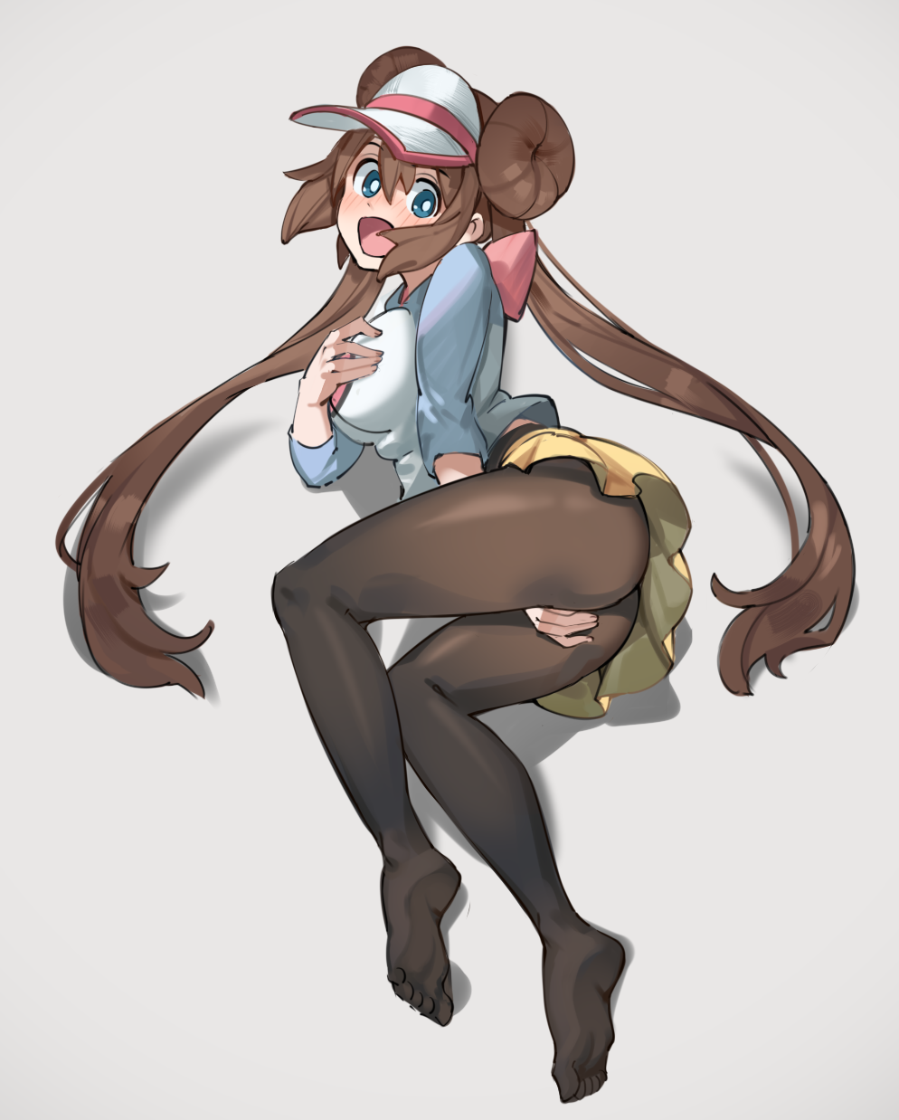 1girl, bangs, black_legwear, blue_eyes, blush, bow, breasts, brown_hair
