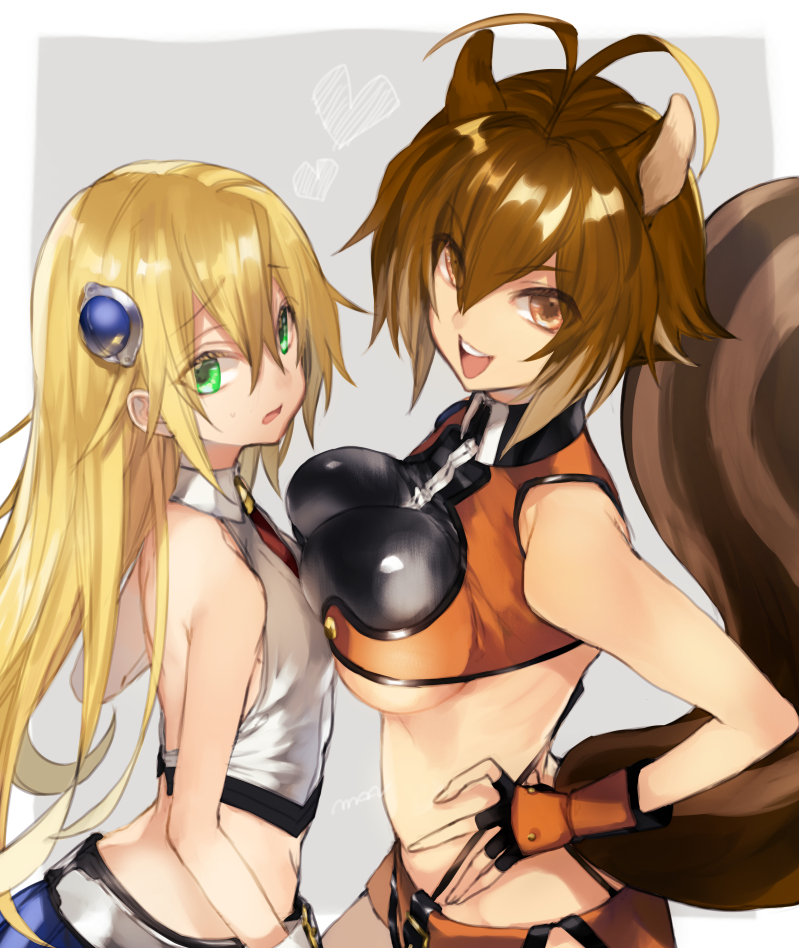 2girls, animal_ears, asymmetrical_docking, bangs, belt, blazblue, blonde_hair, breast_envy