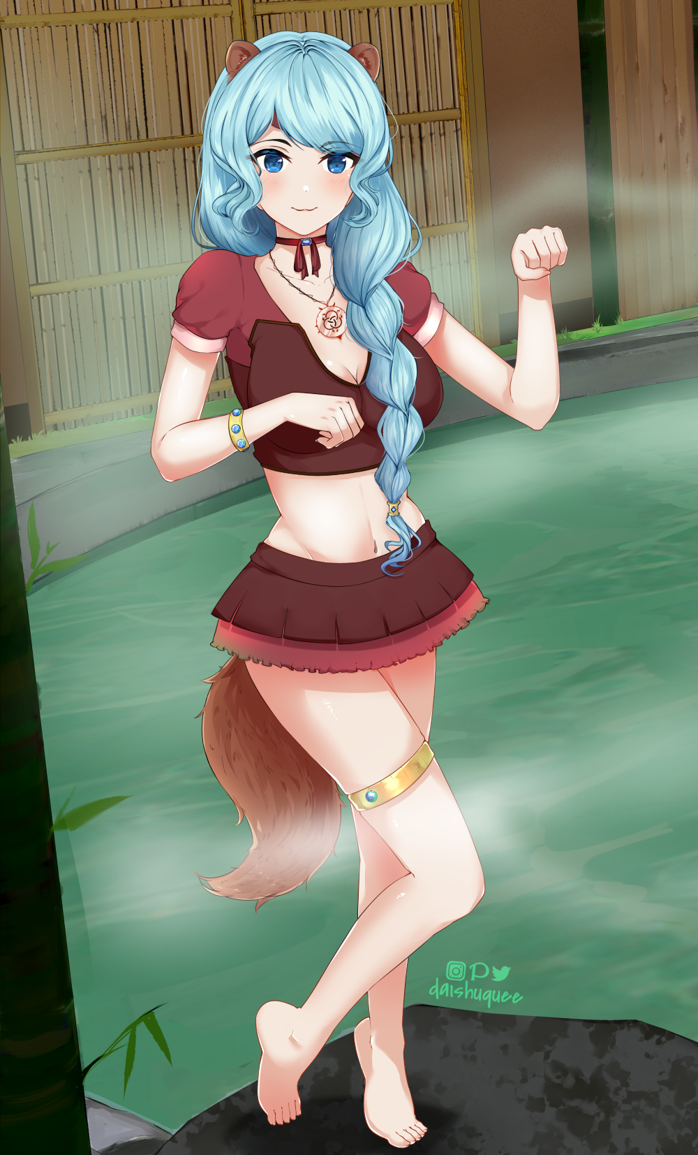 1girl, animal_ears, blue_eyes, blue_hair, bracelet, braid, daishuquee, fake_animal_ears