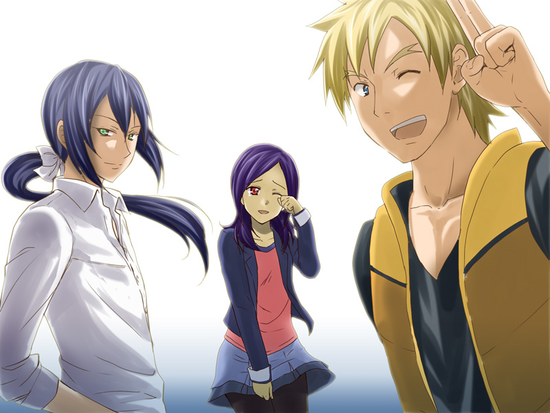 1girl, 2boys, ;d, bangs, black_legwear, black_shirt, blazer, blonde_hair