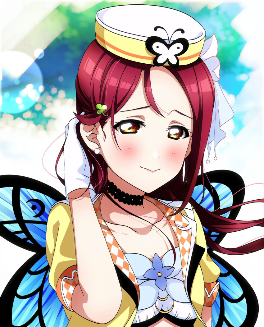 1girl, adjusting_hair, bikini, bikini_top, black_choker, blue_wings, blush, butterfly_hat_ornament