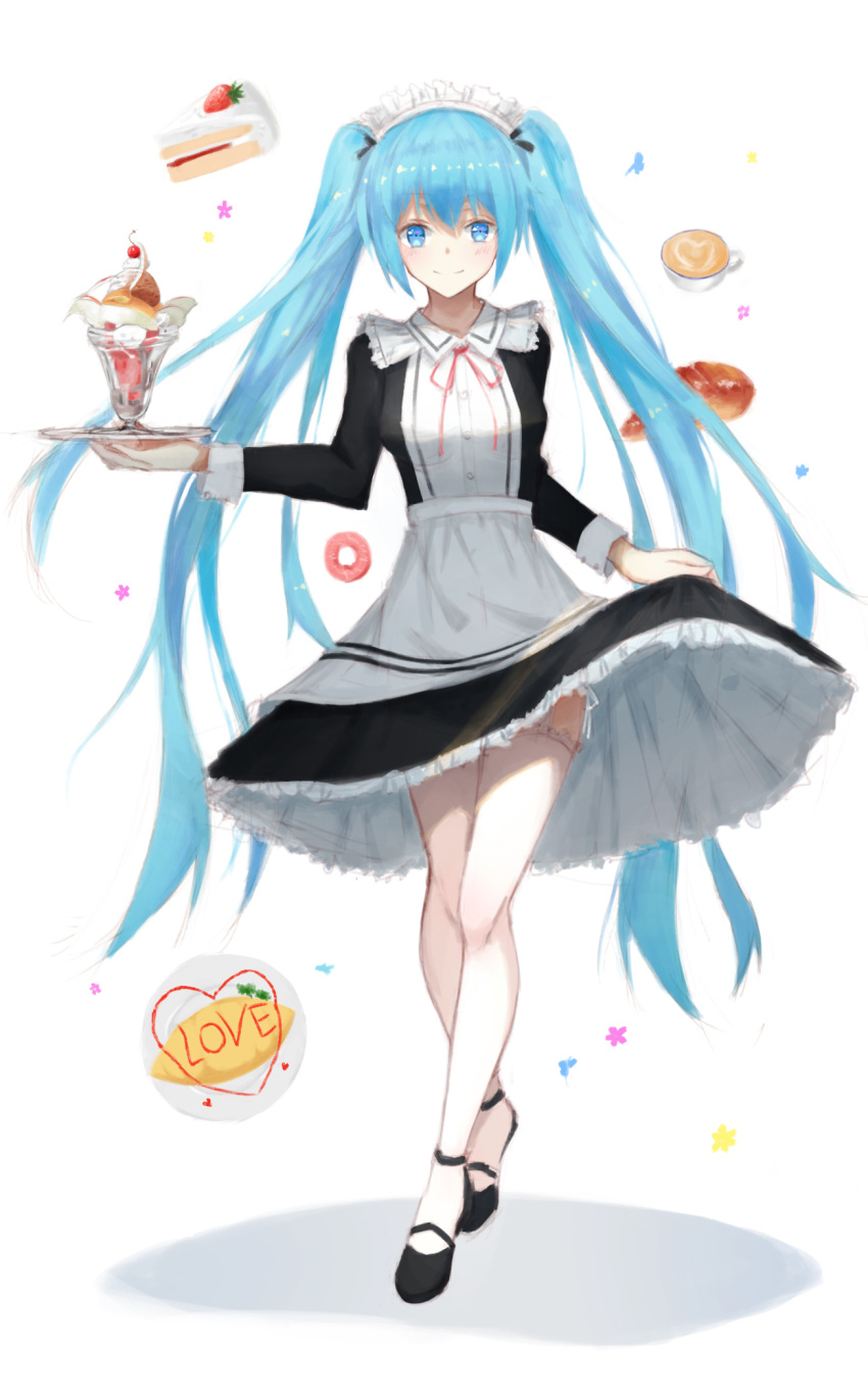 1girl, alternate_costume, apron, bangs, black_footwear, black_skirt, black_sleeves, blue_eyes