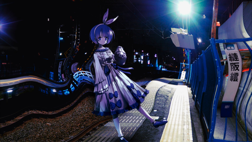 1girl, :o, absurdres, afternooners, blue_eyes, blue_hair, bow, distortion, dress, empty_eyes, fence, frilled_dress, frills, hair_bow, headband, highres, kisaragi_station, lens_flare, looking_at_viewer, mojibake_text, night, original, outdoors, pants, photo_background, railroad_tracks, screencap, shoes, short_hair, sleeves_past_wrists, solo, standing, standing_on_one_leg, train_station, urban, urban_legend, white_pants