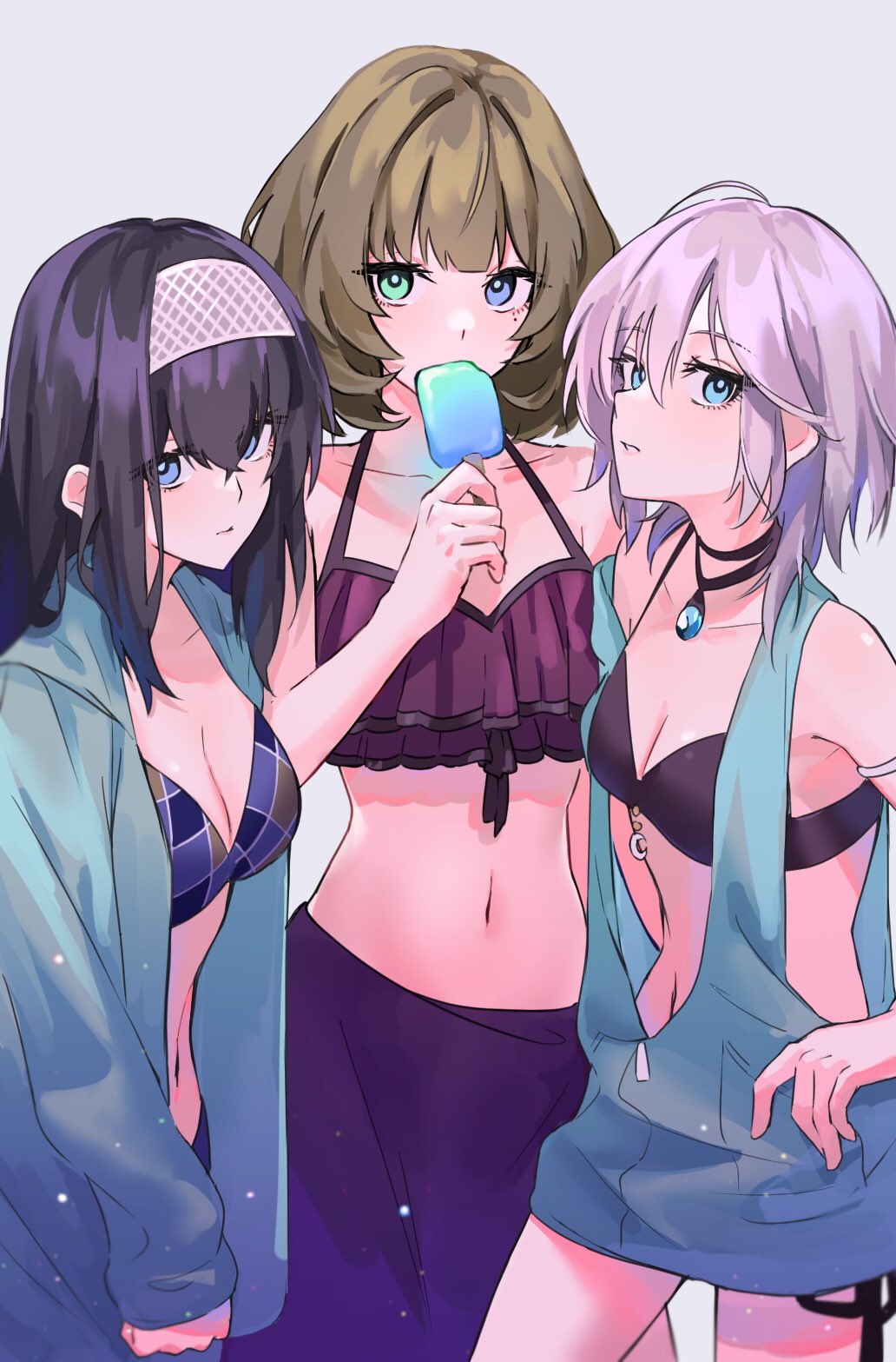3girls, a_ruuuuuuuud, anastasia_(idolmaster), armlet, bikini, black_bikini, black_hair, blue_eyes, brown_hair, eating, food, headband, headdress, heterochromia, highres, hood, hoodie, ice_cream, idolmaster, idolmaster_cinderella_girls, idolmaster_cinderella_girls_starlight_stage, jewelry, long_hair, looking_at_viewer, medium_hair, midriff, multiple_girls, navel, necklace, open_clothes, open_hoodie, plaid, plaid_bikini, sagisawa_fumika, silver_hair, swimsuit, takagaki_kaede