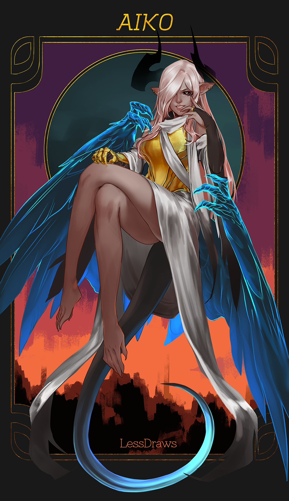 1girl, aiko_(less), artist_name, black_sclera, card_(medium), character_name, commentary, crossed_legs