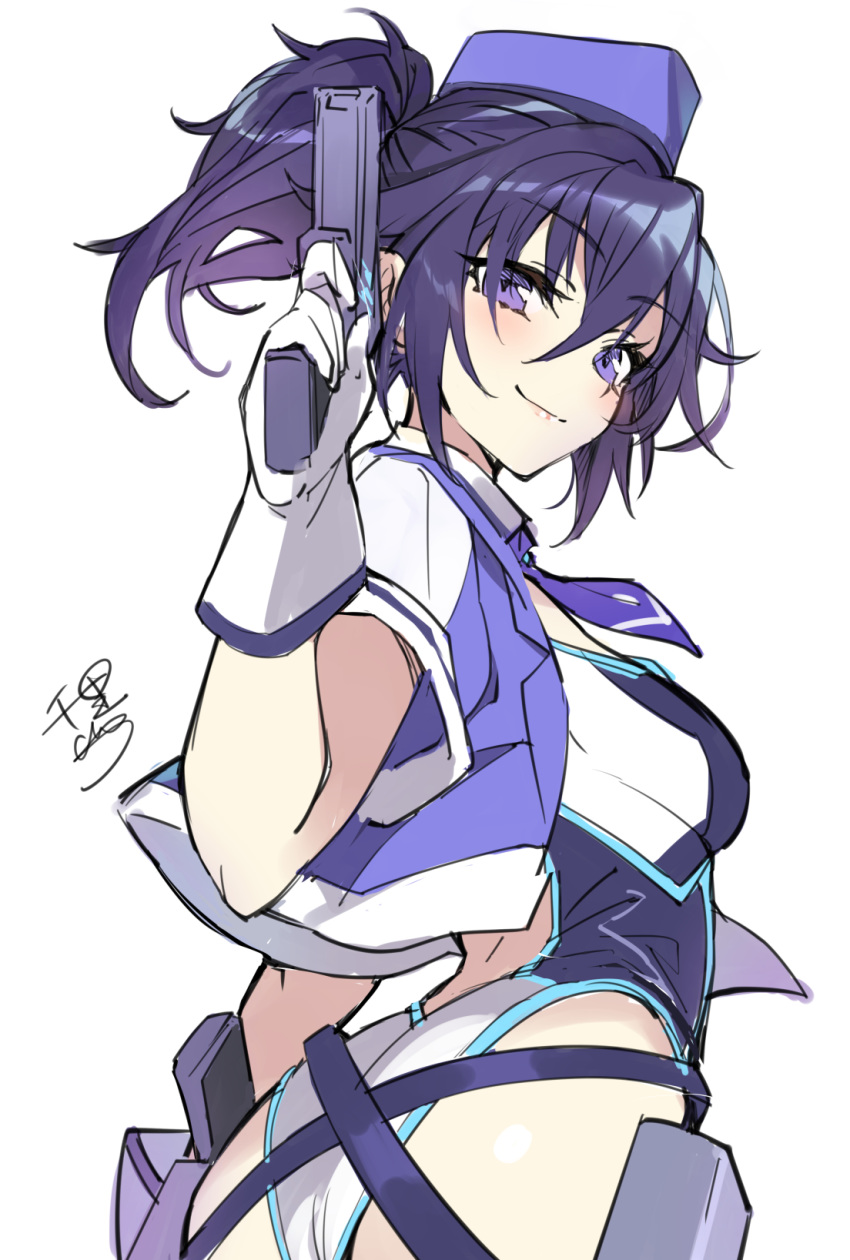1girl, artist_name, ass, bangs, belt, black_belt, blue_eyes, blue_hair, blue_jacket, blue_neckwear, closed_mouth, collar, detached_collar, eyebrows_visible_through_hair, gan_(shanimuni), garrison_cap, gloves, gun, half-closed_eyes, handgun, hat, highres, holding, holding_gun, holding_weapon, holster, jacket, looking_at_viewer, mahou_shoujo_madoka_magica, mahou_shoujo_suzune_magica, necktie, shion_chisato, short_hair, short_ponytail, sidelocks, signature, smile, solo, standing, swimsuit, weapon, white_collar, white_gloves, white_swimsuit