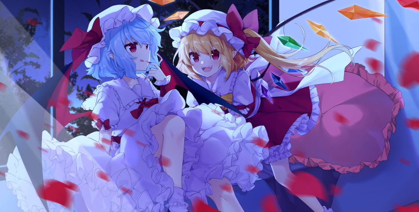2girls, :q, absurdres, back_bow, bat, bat_wings, blonde_hair, blue_hair