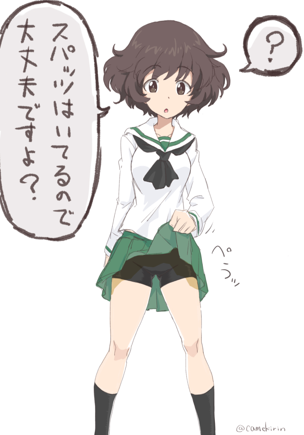 1girl, :o, ?, akiyama_yukari, bangs, bike_shorts, black_legwear, black_neckwear