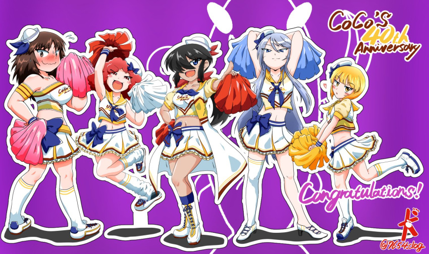 5girls, 7654_dog, black_hair, blush, bow_skirt, cheerleader, coco's, coco_ichibanya