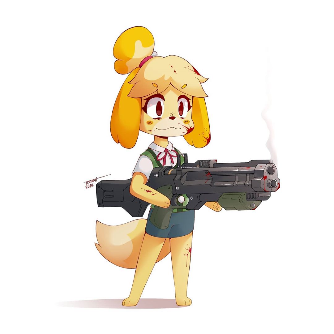 1girl, :3, animal_ears, bangs, barefoot, blonde_hair, blood, blood_on_arm, blood_on_face, blood_on_leg, bloody_hair, bloody_weapon, blue_skirt, blush_stickers, brown_eyes, commentary, dog_ears, dog_girl, dog_tail, doubutsu_no_mori, english_commentary, full_body, furry, green_vest, gun, hair_bobbles, hair_ornament, hair_tie, holding, holding_gun, holding_weapon, jestami, neck_ribbon, plaid, plaid_vest, red_ribbon, ribbon, shizue_(doubutsu_no_mori), signature, simple_background, skirt, smoke, solo, standing, tail, topknot, vest, weapon, white_background