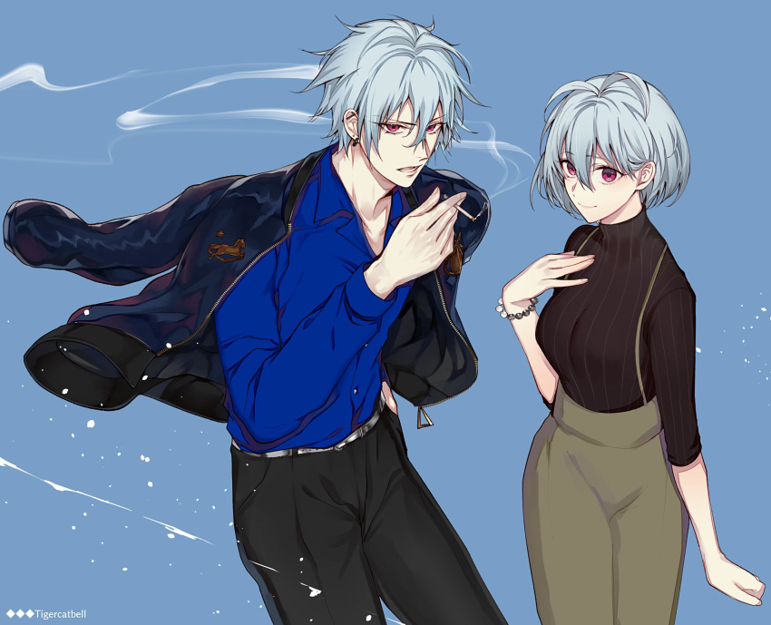 1boy, 1girl, antenna_hair, aohitsugi_nemu, aohitsugi_samatoki, black_jacket, black_pants, blue_background