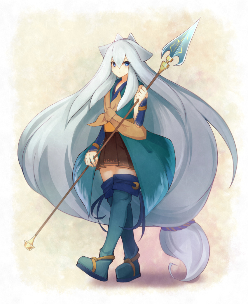 1girl, alder, animal_ears, bare_shoulders, big_hair, blue_eyes, boots, closed_mouth