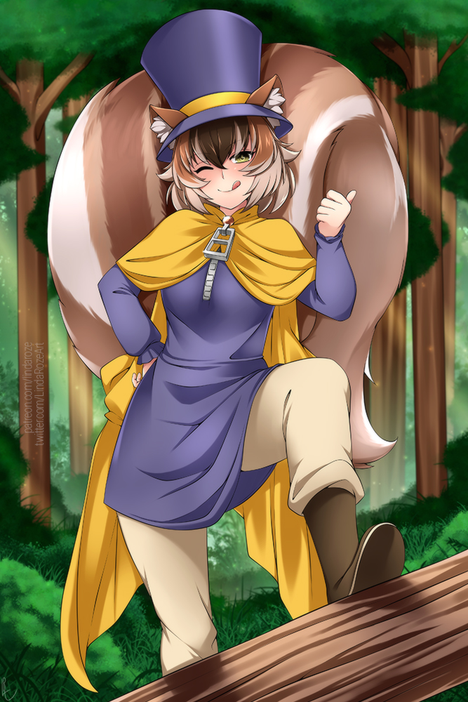 1girl, ;), a_hat_in_time, animal_ear_fluff, animal_ears, beige_pants, boots, breasts