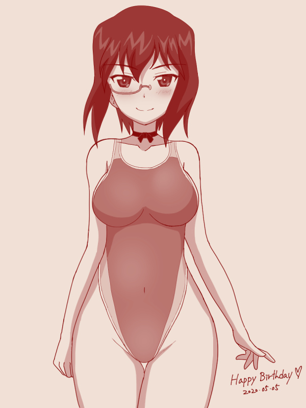 1girl, bangs, blush, bow_choker, breasts, closed_mouth, commentary, competition_swimsuit