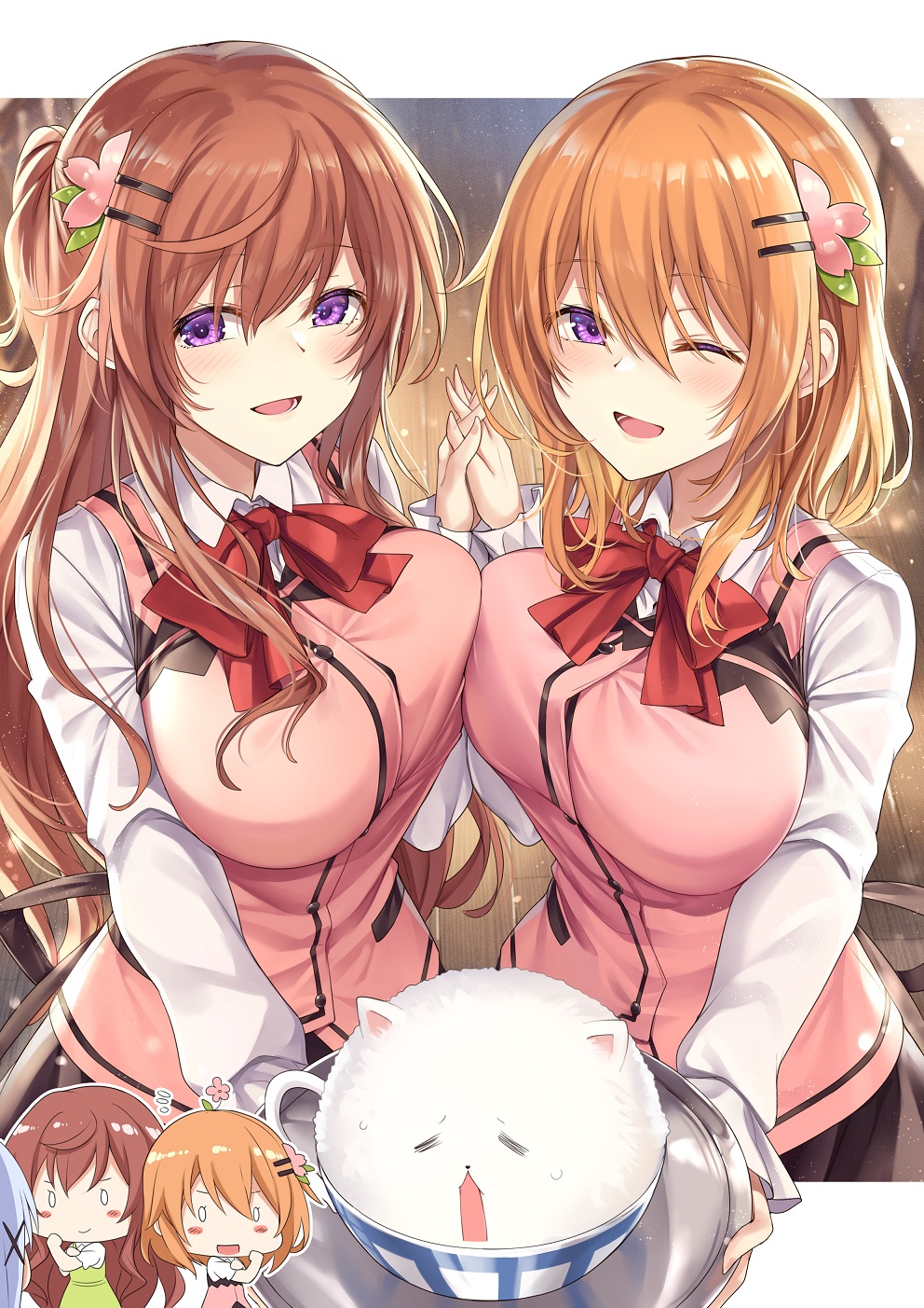 3girls, :d, ;d, angora_rabbit, asymmetrical_docking, bangs, blush, breast_press