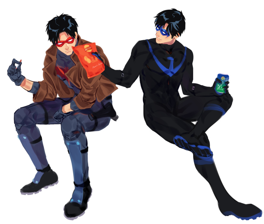 2boys, black_hair, dc_comics, dick_grayson, domino_mask, jason_todd, nightwing, red_hood, simple_background, snack, soda_can, superhero