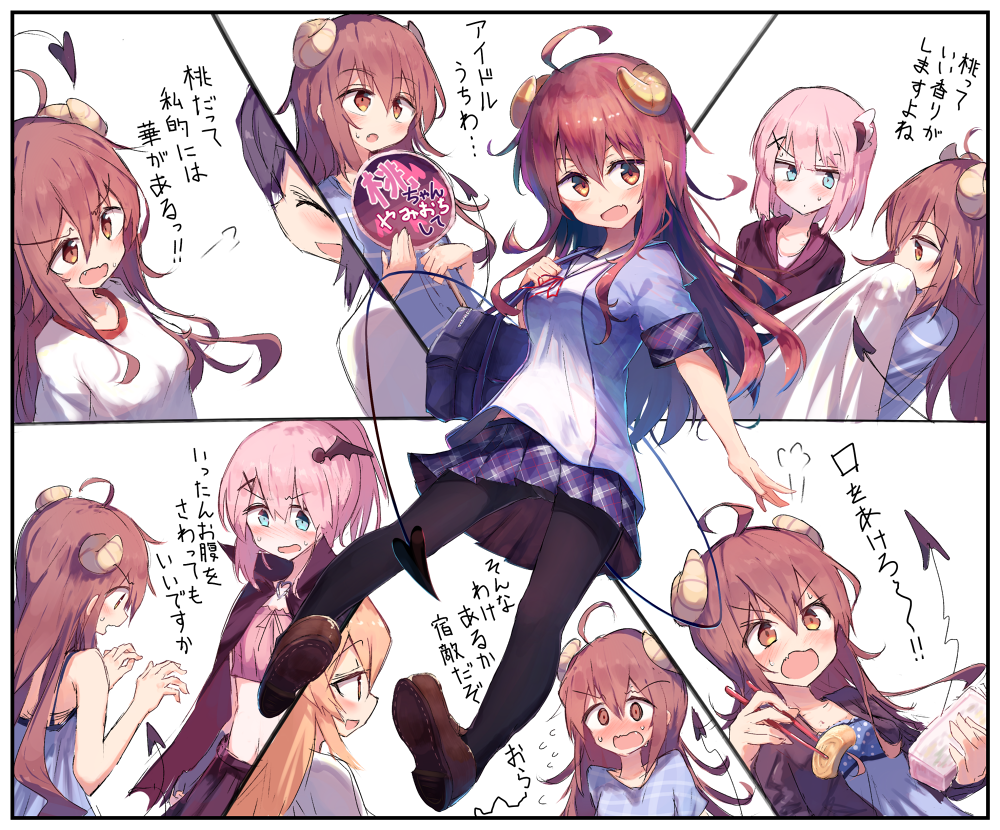 ahoge, bag, bangs, beize_(garbage), black_cape, blonde_hair, blue_dress, blue_eyes, blue_shirt, blush, brown_eyes, brown_hair, cape, chiyoda_momo, chopsticks, closed_eyes, commentary, dress, eyebrows_visible_through_hair, fan, gym_uniform, hair_ornament, hairclip, hinatsuki_mikan, holding, holding_bag, hood, hood_down, hoodie, horns, loafers, long_hair, lunchbox, machikado_mazoku, midriff, omelet, open_mouth, pantyhose, pink_hair, sata_anri, school_bag, school_uniform, shirt, shoes, short_hair, short_sleeves, sidelocks, skirt, smelling, striped, striped_shirt, sweatdrop, tail, tamagoyaki, white_shirt, yoshida_yuuko_(machikado_mazoku), yuri
