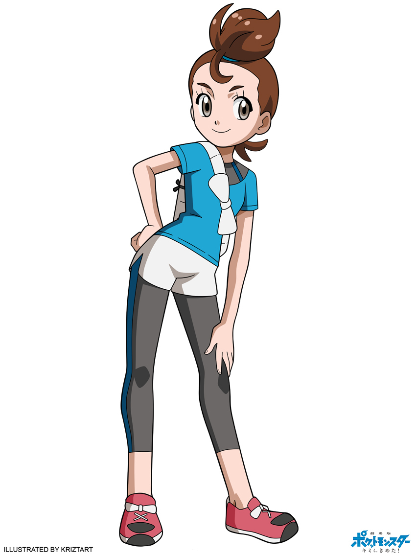 1girl, artist_name, black_pants, blue_shirt, brown_eyes, brown_hair, closed_mouth, contrapposto