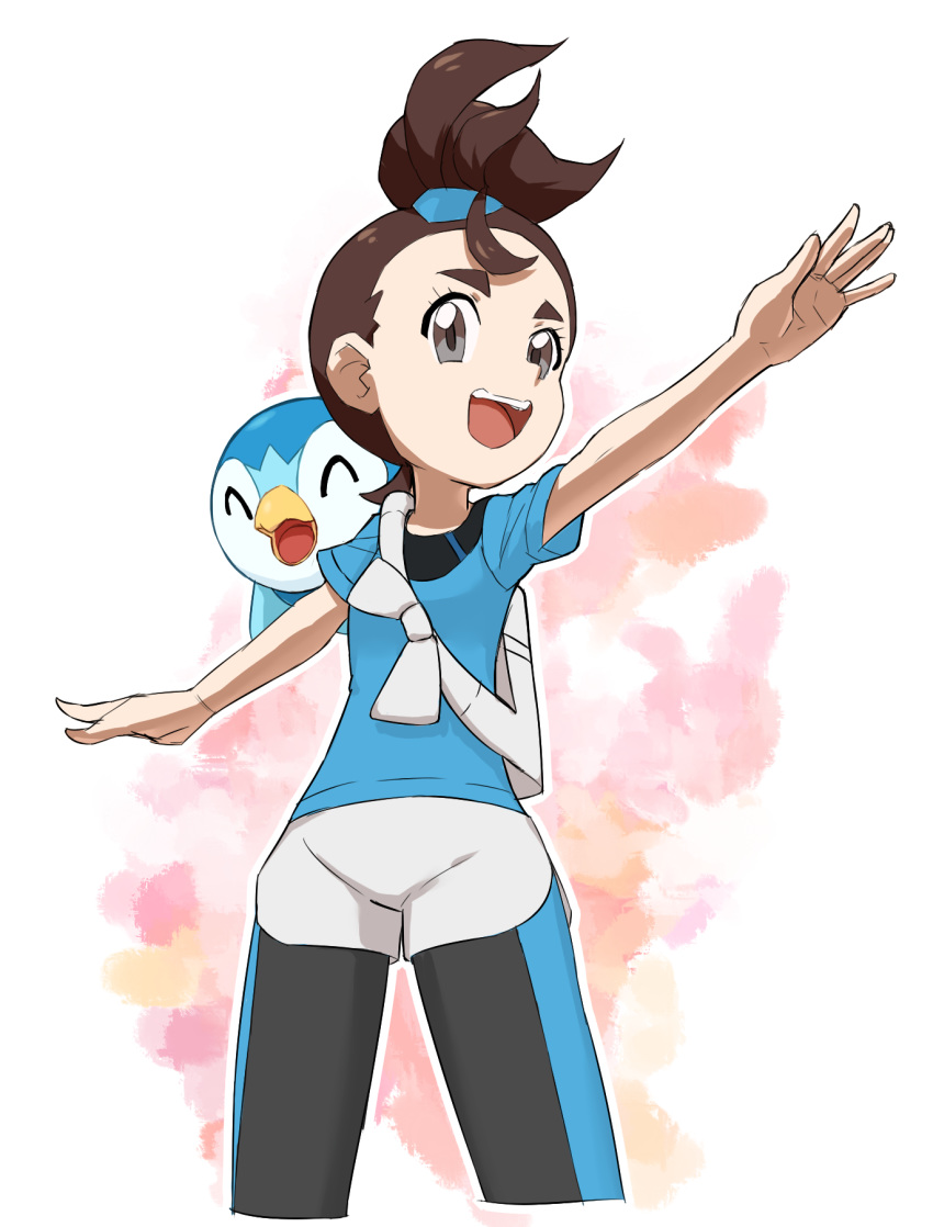 1girl, :d, black_legwear, blue_shirt, brown_eyes, brown_hair, cropped_legs, gen_4_pokemon
