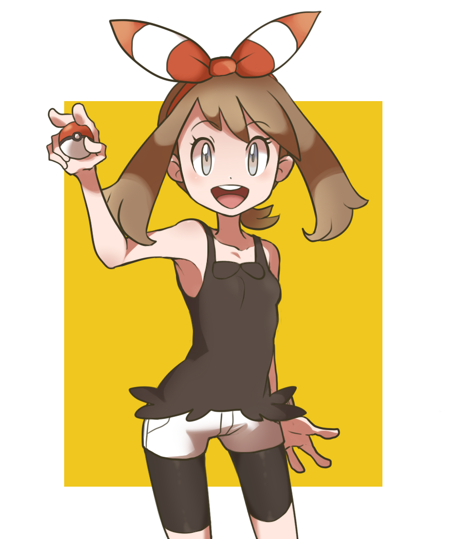 1girl, 32890_(artist), :d, bike_shorts, black_shirt, black_shorts, bow, breasts, brown_hair, collarbone, commentary, cowboy_shot, grey_eyes, hair_bow, hairband, holding, holding_poke_ball, long_hair, may_(pokemon), open_mouth, poke_ball, poke_ball_(basic), pokemon, pokemon_oras, red_hairband, shirt, short_shorts, shorts, shorts_under_shorts, sleeveless, sleeveless_shirt, small_breasts, smile, solo, standing, striped, striped_bow, two-tone_background, undersuit, white_background, white_shorts, yellow_background