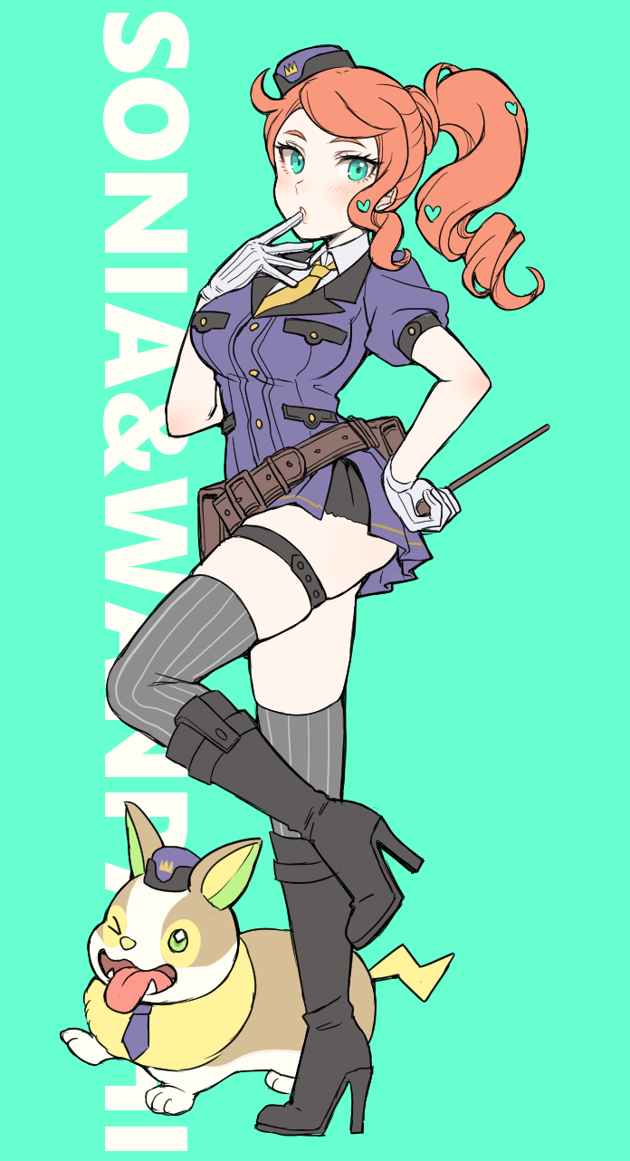 1girl, aqua_background, aqua_eyes, bangs, black_footwear, boots, character_name, collared_shirt