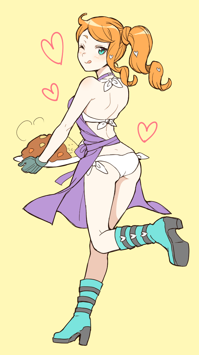 1girl, ;q, bikini, blue_eyes, blue_footwear, boots, curry, curry_rice
