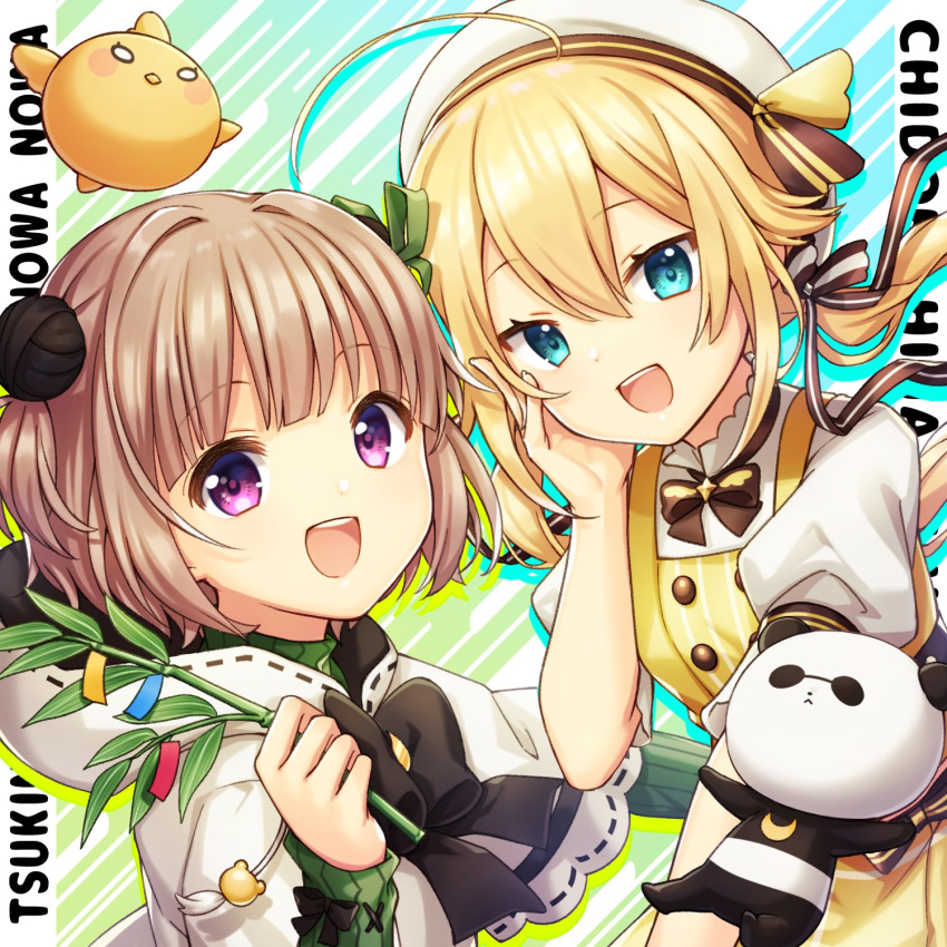 2girls, :d, ahoge, bangs, bird, black_bow, blonde_hair, blue_eyes