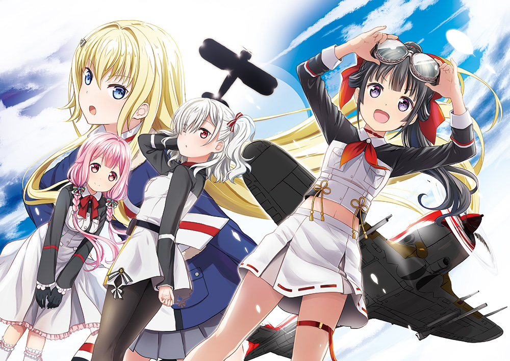4girls, :d, abe_kanari, aircraft, airplane, biplane, black_hair, black_legwear, blonde_hair, blue_eyes, breast_pocket, claudia_bruford, commentary_request, dress, dutch_angle, gloster_gladiator, goggles, hair_ornament, hair_over_one_eye, hair_ribbon, ki-44_shouki, komagome_azuzu, long_hair, looking_at_viewer, midriff, muguruma_miyako, multiple_girls, navel, official_art, one_side_up, open_mouth, pink_eyes, pink_hair, pocket, red_eyes, ribbon, silver_hair, smile, violet_eyes, warlords_of_sigrdrifa, watarai_sonoka
