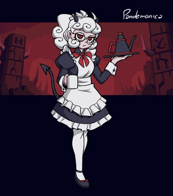1girl, alternate_costume, apron, bangs, black_dress, black_footwear, black_horns, character_name