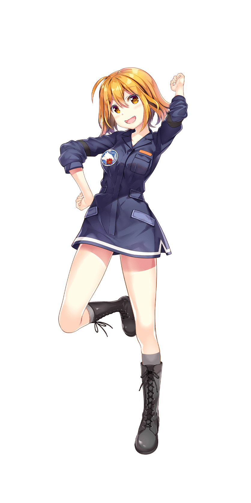 1girl, :d, ahoge, black_footwear, boots, breast_pocket, brown_eyes, brown_hair