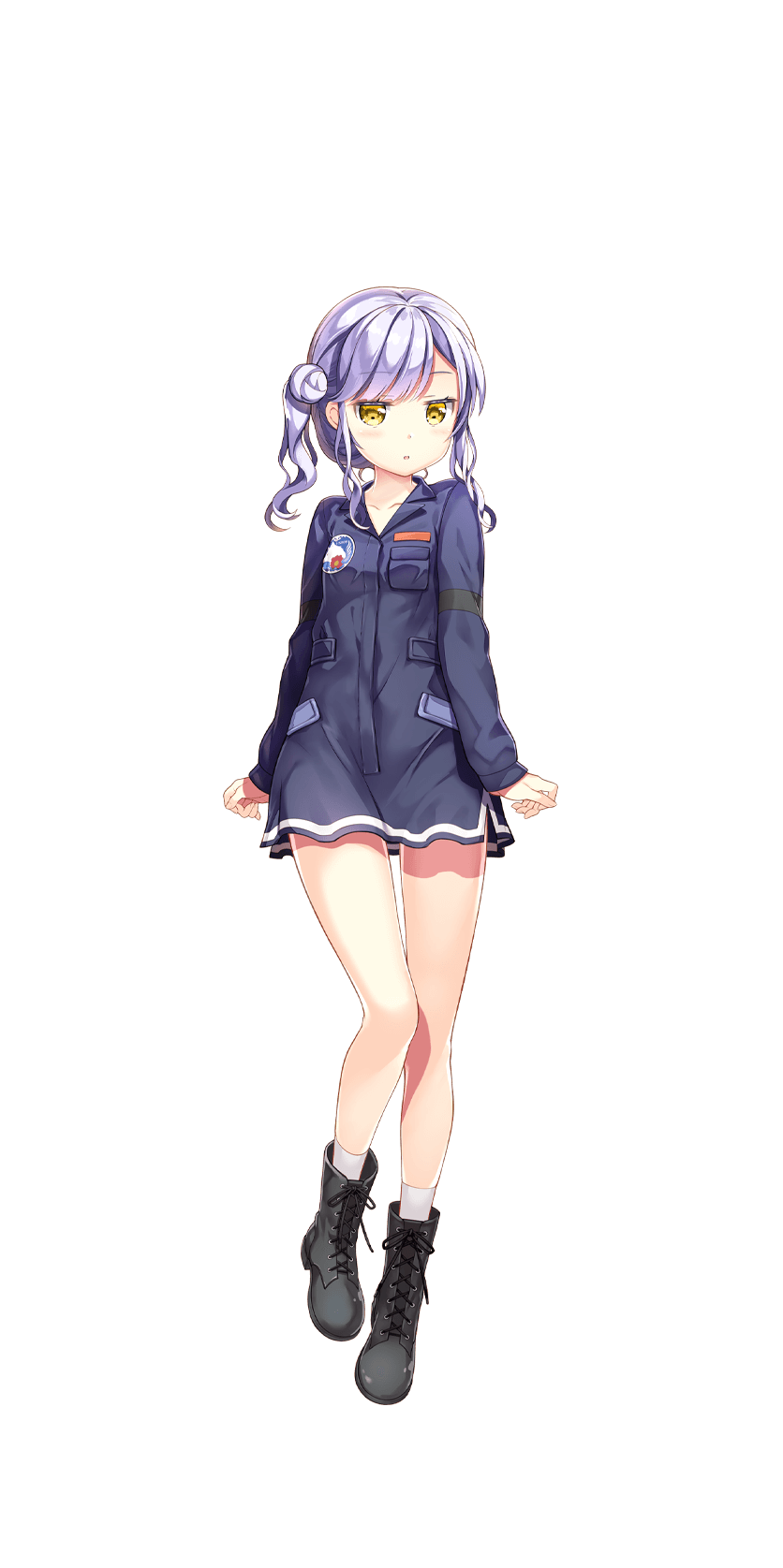 1girl, black_footwear, boots, cross-laced_footwear, fujima_takuya, full_body, hair_bun, highres, kazuura_nono, lace-up_boots, looking_at_viewer, military, military_uniform, official_art, silver_hair, solo, transparent_background, uniform, warlords_of_sigrdrifa, wavy_hair, yellow_eyes