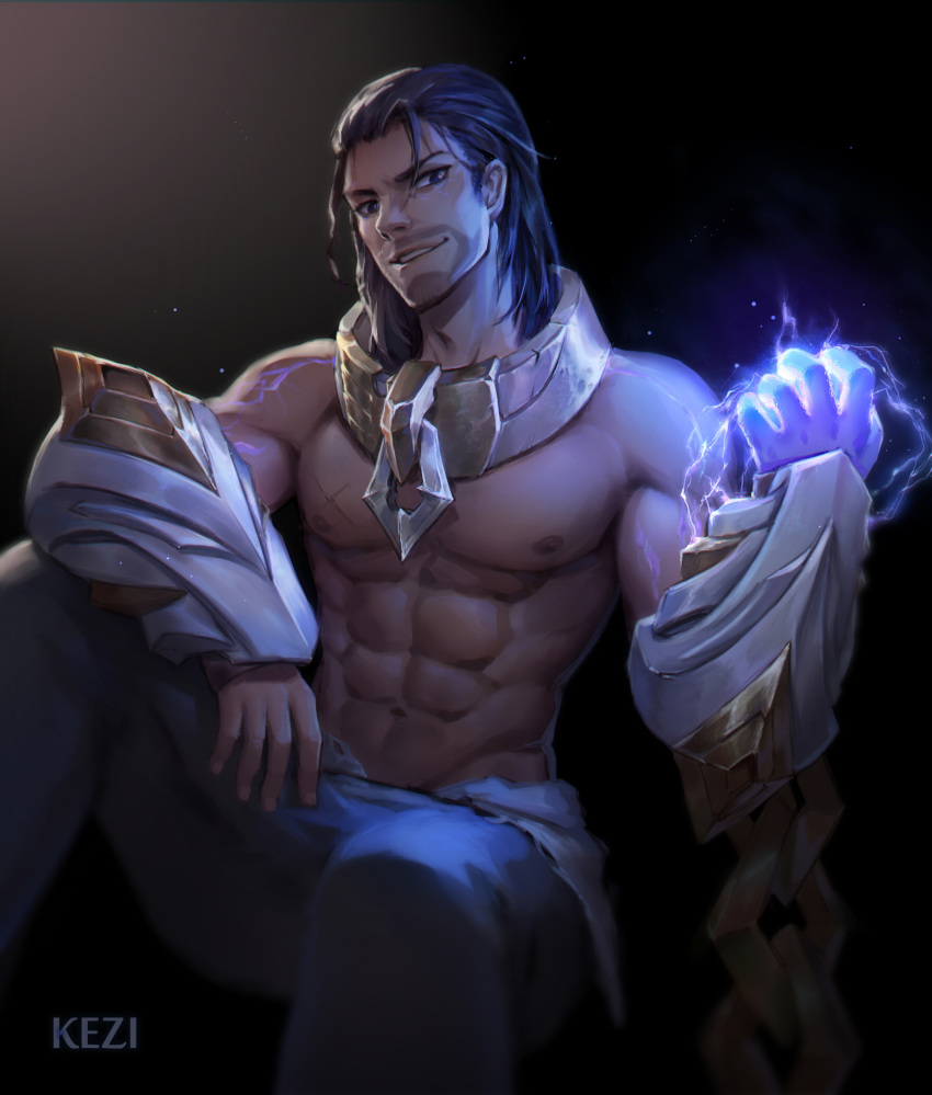 1boy, abs, black_hair, blue_eyes, chain, highres, kezi, league_of_legends, looking_at_viewer, muscle, navel, nipples, simple_background, smile, solo, sylas