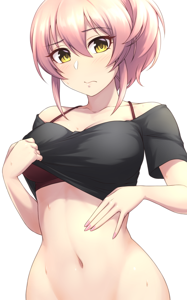 1girl, bangs, black_shirt, blush, bra, breasts, collarbone, commentary_request