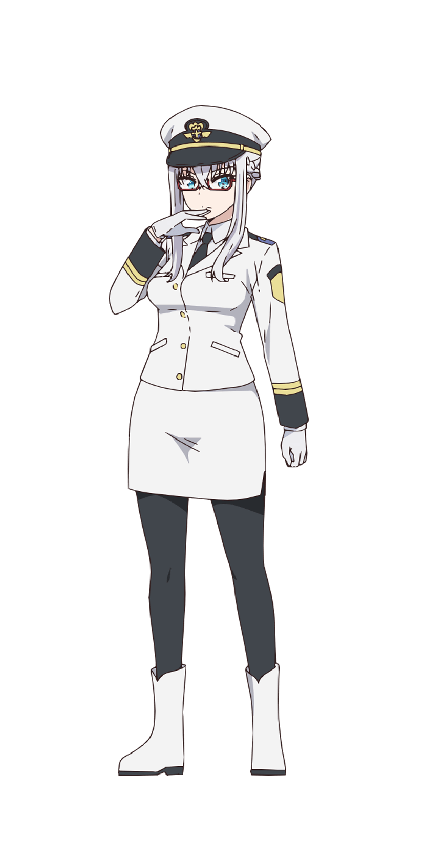 black_legwear, black_neckwear, blue_eyes, boots, epaulettes, glasses, gloves, hat