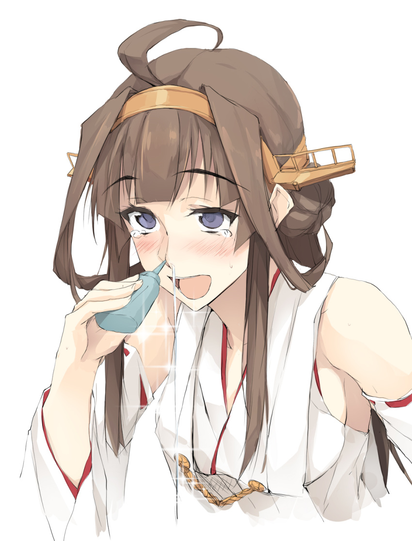 1girl, ahoge, bangs, bare_shoulders, blue_eyes, blush, bottle, breasts