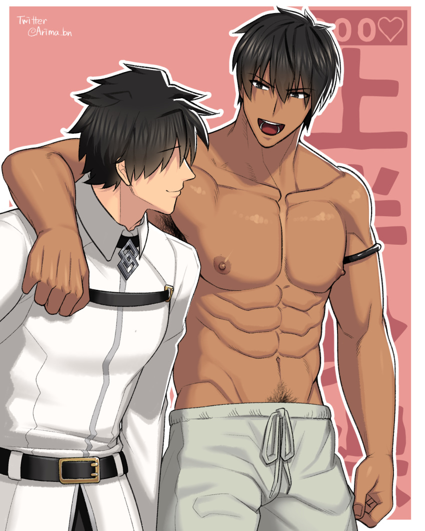 2boys, abs, arash_(fate), arima_(arima_bn), bara, black_eyes, black_hair, blush, chest, dark_skin, dark_skinned_male, fate/grand_order, fate/prototype, fate_(series), fujimaru_ritsuka_(male), highres, male_focus, multiple_boys, muscle, nipples, pants, pectorals, shirtless, smile, solo, twitter_username, upper_body, yaoi